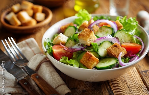 Fresh Salad With Vegetables and Croutons Served in a Bowl on a Wooden Table