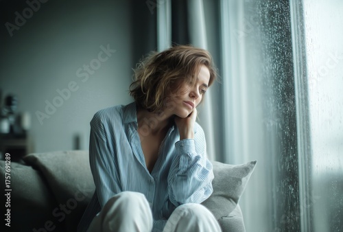 Woman in a Cozy Room Reflecting While Watching Rain Through a Window During a...
