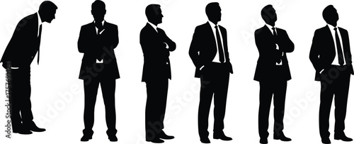 Businessmen silhouettes in formal suits, professional posture variations, corporate teamwork concept, leadership, office attire, nonverbal communication, success, strategy, confidence