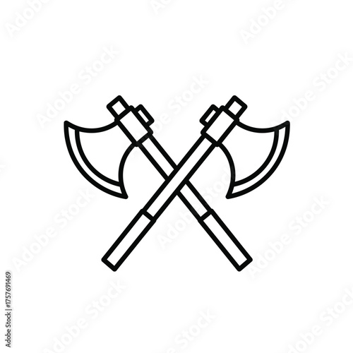 Two crossed battle axes icon simple line art symbol warfare weaponry combat history medieval fantasy adventure isolated on transparent background