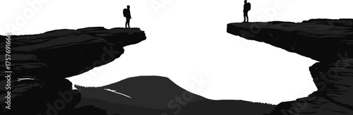 Dramatic cliff landscape with hikers facing each other across deep chasm, grayscale mountain terrain, adventure travel, isolation, challenge, connection