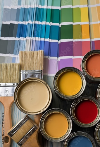 Colorful Paint Cans and Brushes Ready for a Home Renovation Project in Vibran...