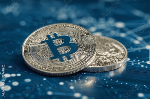 Bitcoin Coins Placed on a Futuristic Digital Background With Circuits and Con...