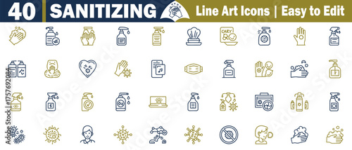 Sanitizing Icons set, Line Art Circle. Hygiene, Cleaning, Prevention, Healthcare, Protection, Safety, Medical, Disinfection, Antivirus, Germs, Health, Virus, Bacteria, Hand wash, Soap.