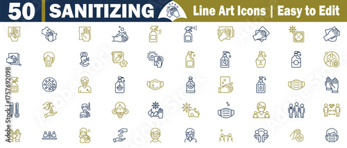 Sanitizing Icons Collection Line Art Set. Hygiene, Cleaning, Healthcare, Protection, Safety, Medical, Disinfection, Antivirus, Germs, Health, Virus, Bacteria, Handwash, Soap, Hands.
