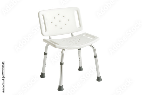 Adjustable height shower chair with backrest and armrests, a medical mobility aid for elderly, disabled, or injured individuals, isolated on a white background