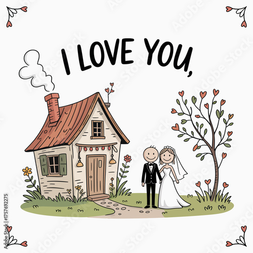 Everlasting Vows of Love: A heartfelt illustration portrays a couple's marital journey, a charming home, and tender expressions of devotion to their romantic endeavor.