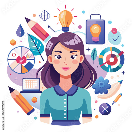 Creative woman surrounded by design elements and business symbols art