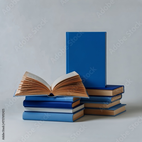 Stacked Blue Books With an Open Book in the Foreground on a Light Background