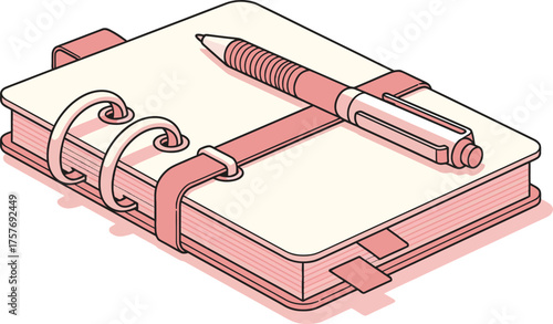 Isometric view of a closed notebook with a pen held by a strap and two pink page markers