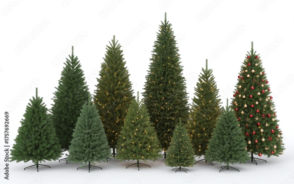 Obraz premium Set of Various Christmas Trees in Different Styles and Decoration Themes, Isolated on White Background