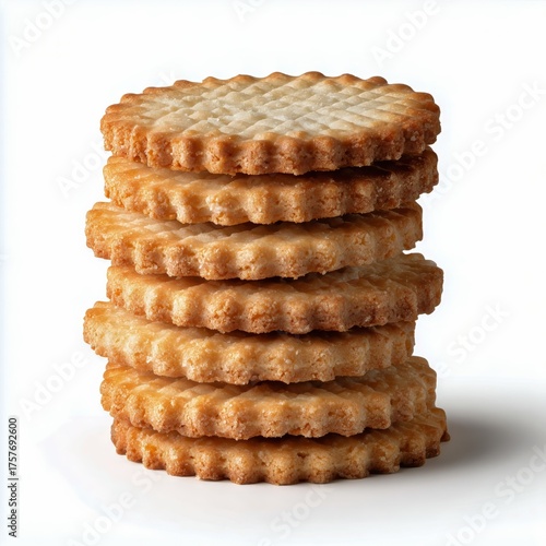 Delicious Stack of Golden Cookies Arranged Neatly on a White Background