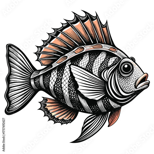 Detailed illustration of a spiky finned fish in black and