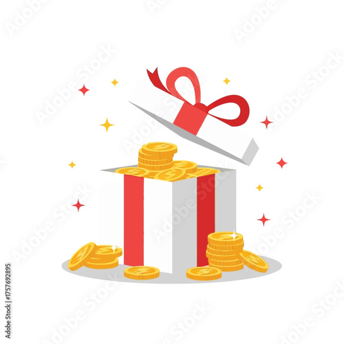 Surprise gift box overflowing with golden coins and festive sparkles celebrating fortune and generosity isolated on transparent background