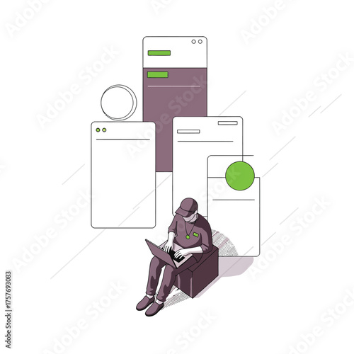 Vector illustration of a programmer working on a laptop surrounded by abstract user interface windows.