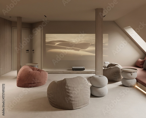 Bild auf Leinwand Cozy entertainment room with bean bag chairs and large projection screen