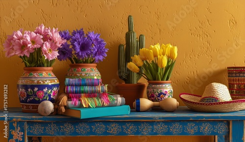 Colorful Pottery and Flowers on a Vibrant Table in a Sunny Mexican-inspired S...