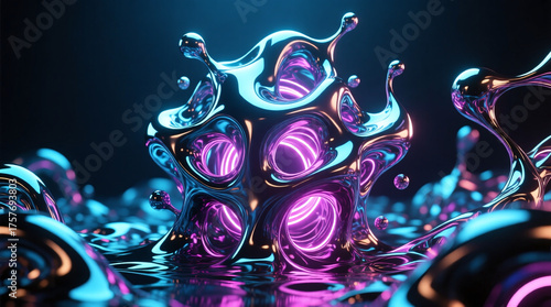 Mysterious futuristic 3D digital sculpture of liquid metal architecture illuminated by neon light