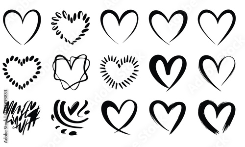 A set of vector black and white silhouettes of hearts for love and valentine's day design