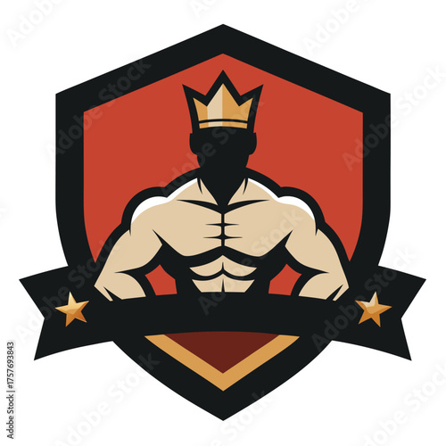 Bodybuilding King Logo Emblem with Crown and Strongman Silhouette Design