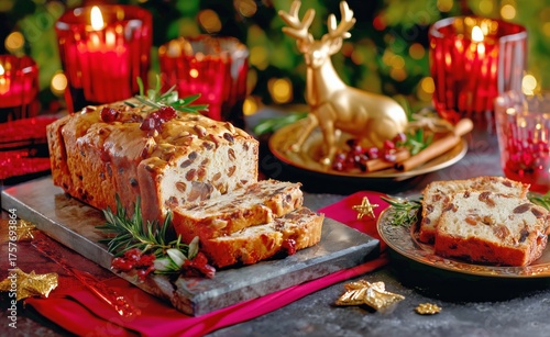 Festive Fruitcake Served on a Table With Golden Decorations and Red Candles D...
