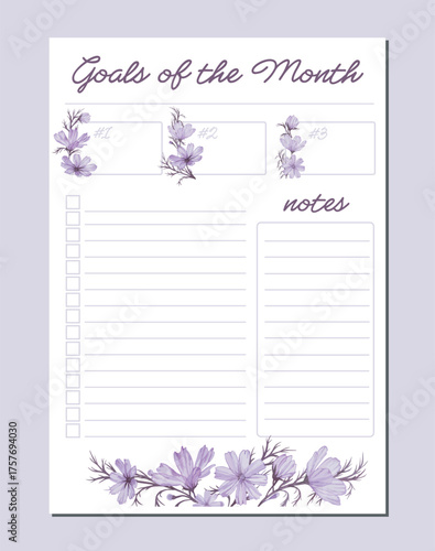 Monthly goals planner and checklist template with watercolor purple cosmos flowers and elegant script font. Vector printable organizer for tracking progress and notes.