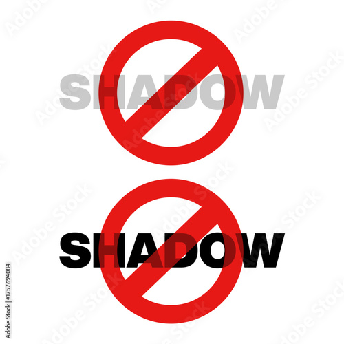 Shadow ban - concealed and hidden blocking, restriction and forbidding. Symbol, sign and pictogram of interdiction and text. Isolated on white. 