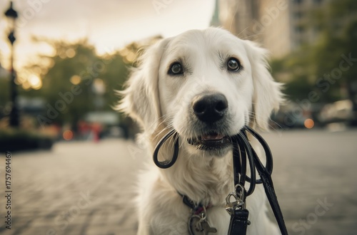 Golden Retriever Patiently Waits With Leash in Its Mouth in a City Park on a ...