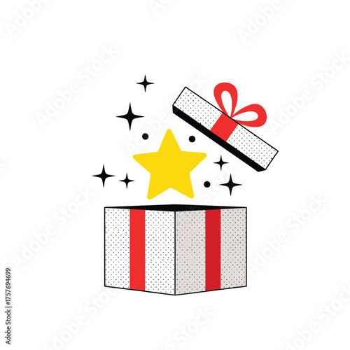 Surprise gift box with a bright yellow star emerging and sparkling magical stars celebrate special occasion festive present unboxing joyful celebration isolated on transparent background