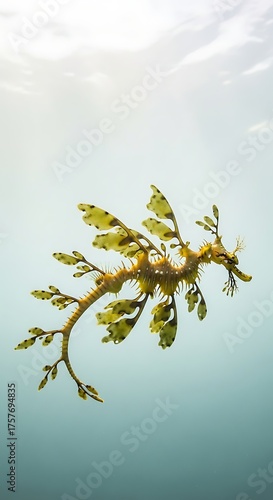 A leafy sea dragon with leaf-like appendages swims gracefully in clear blue water.