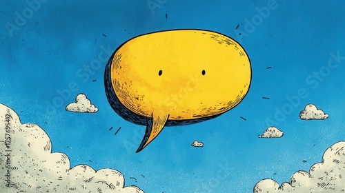 Speech bubble character becoming a celestial body in the blue sky, radiating ideas and speech with clouds floating around, symbolizing communication and expression