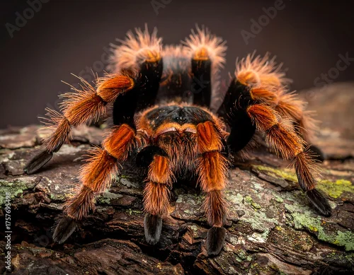 Obraz Close-up of a fuzzy, orange-legged spider on a weathered tree branch