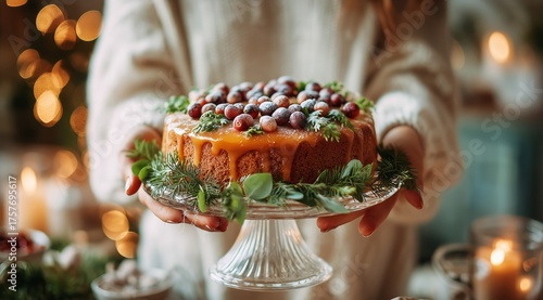 Delicious Cake Decorated With Cranberries and Greenery is Served at a Festive...