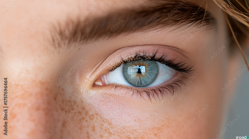 Fototapeta premium Close-up of a captivating blue eye, framed by delicate lashes and a subtle eyebrow. The skin shows freckles. A study in natural beauty, showcasing intricate details and unique features.