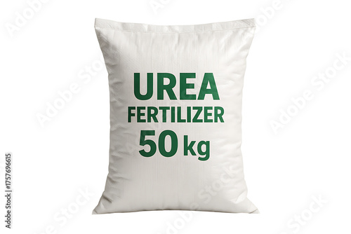 Urea fertilizer sack 50 kg, white woven polypropylene bag with bold green labeling, agricultural nitrogen product packaging, high‑detail 3D render