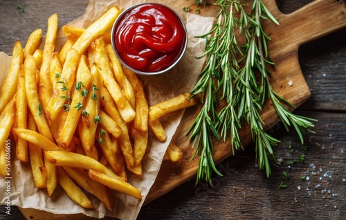 Crispy French Fries Served With Ketchup and Dressing on a Wooden Board With F...