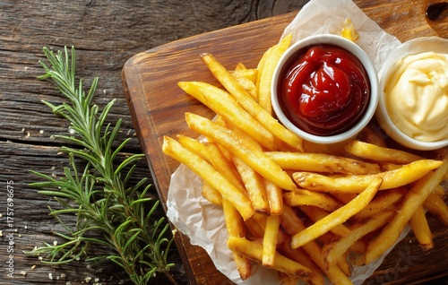 Crispy Golden Fries Served With Ketchup and Mustard on a Wooden Platter With ...
