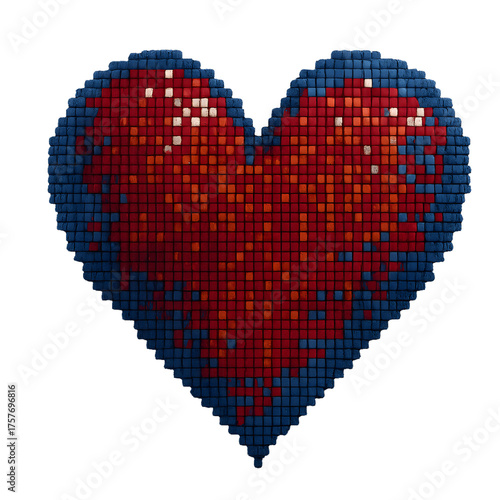 A pixelated heart shape composed of red and blue square blocks