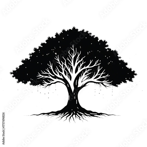 A silhouetted tree with dense foliage against a completely black background