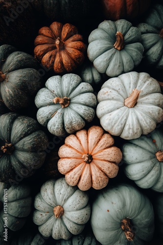 Colorful Pumpkins Arranged in a Rustic Display for Autumn Harvest Season