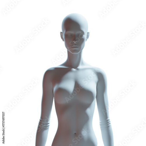 A pale blue featureless female mannequin against a dark background