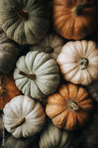 Colorful Pumpkins Arranged in a Rustic Display for Autumn Harvest Season