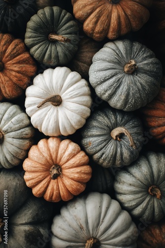 Unique Pumpkin Varieties in Earthy Tones Decorating a Rustic Autumn Scene