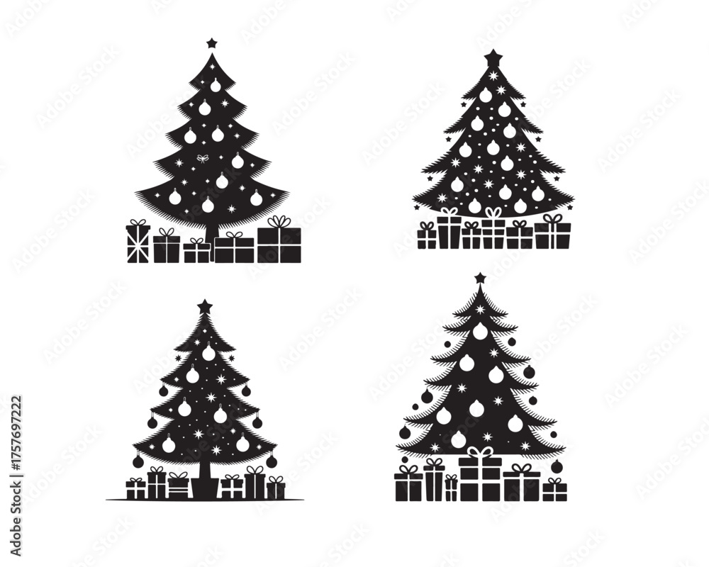 Obraz premium Four stylized christmas trees decorated with ornaments and presents below for holiday celebrations silhouette