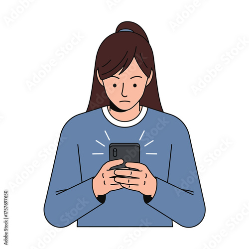 Young woman focused on smartphone screen absorbed in digital content holding mobile device with light emanating from screen isolated on transparent background