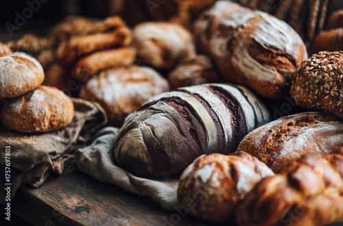 Freshly Baked Bread Assortment Displayed on a Wooden Table at a Local Bakery ...