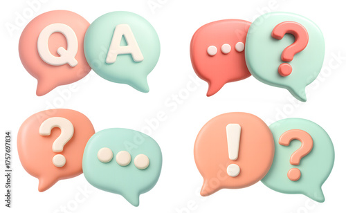 Colorful speech bubbles with question marks exclamation points and letters