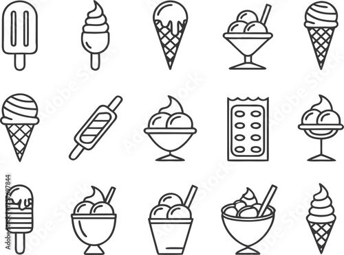 set of ice cream icons, such as parfait, frozen yogurt, ice cream sundae, vanilla, chocolate