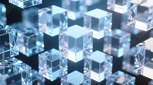 Intersecting transparent cubes forming a crystalline lattice with soft ambient blue glow and futuristic aesthetic