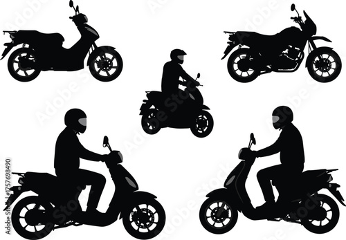 Motorcycle and scooter rider silhouettes, helmet safety, urban transport, two-wheeled vehicles, black icons, traffic mobility, motorbike illustration, commuting concept